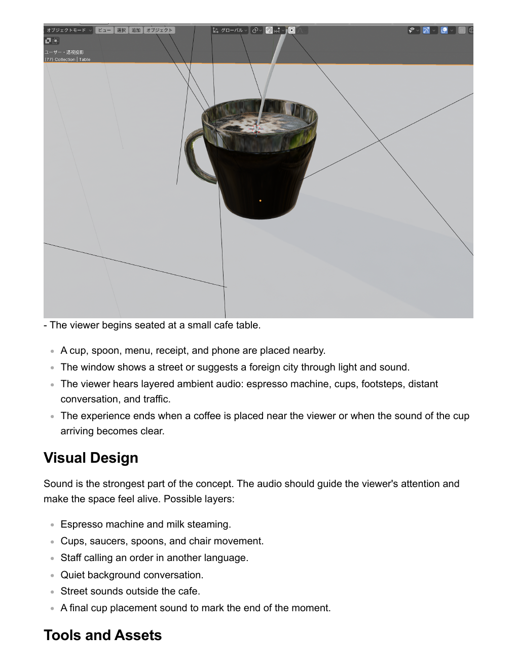 Project 2 cafe proposal sketch showing table objects, window light, and waiting atmosphere.