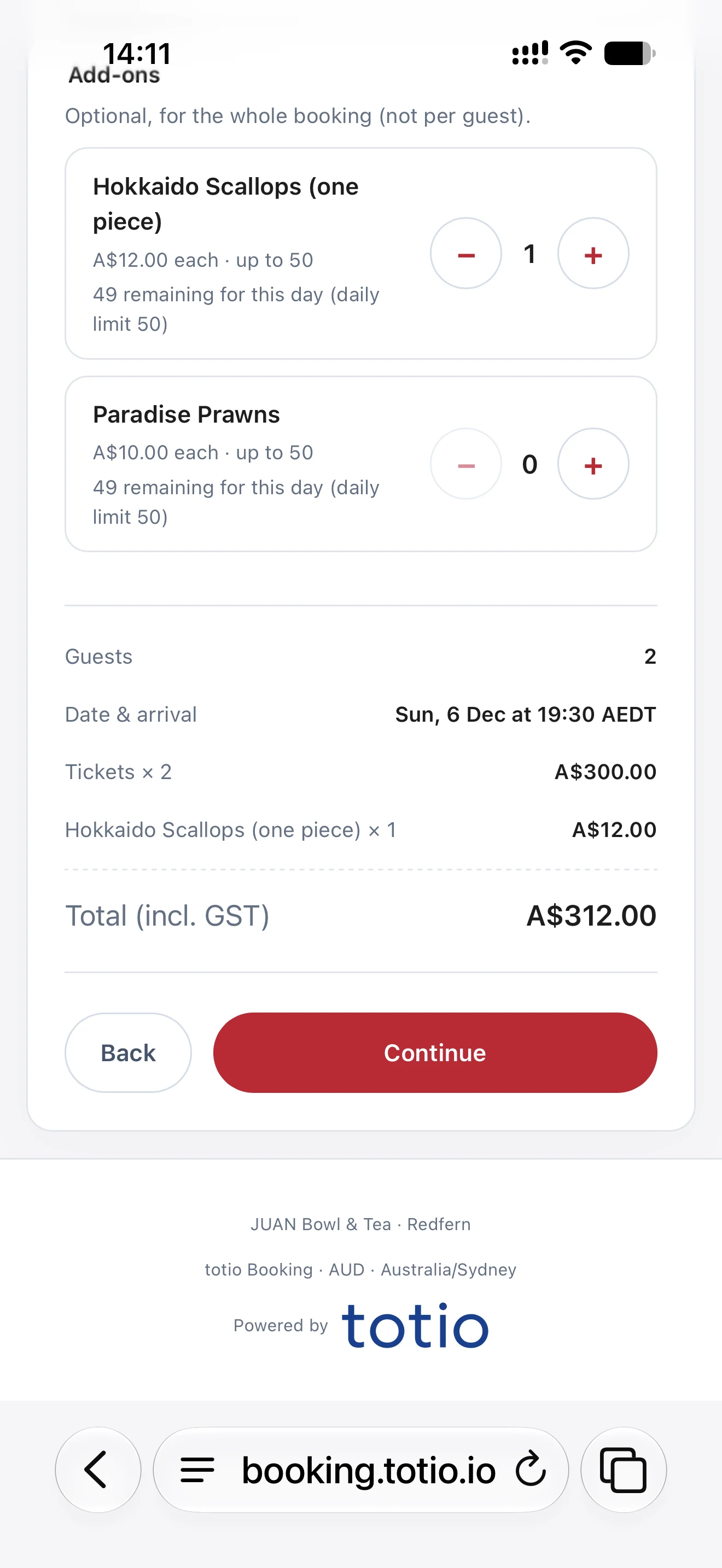 totio Ticket Booking · Add-ons and total